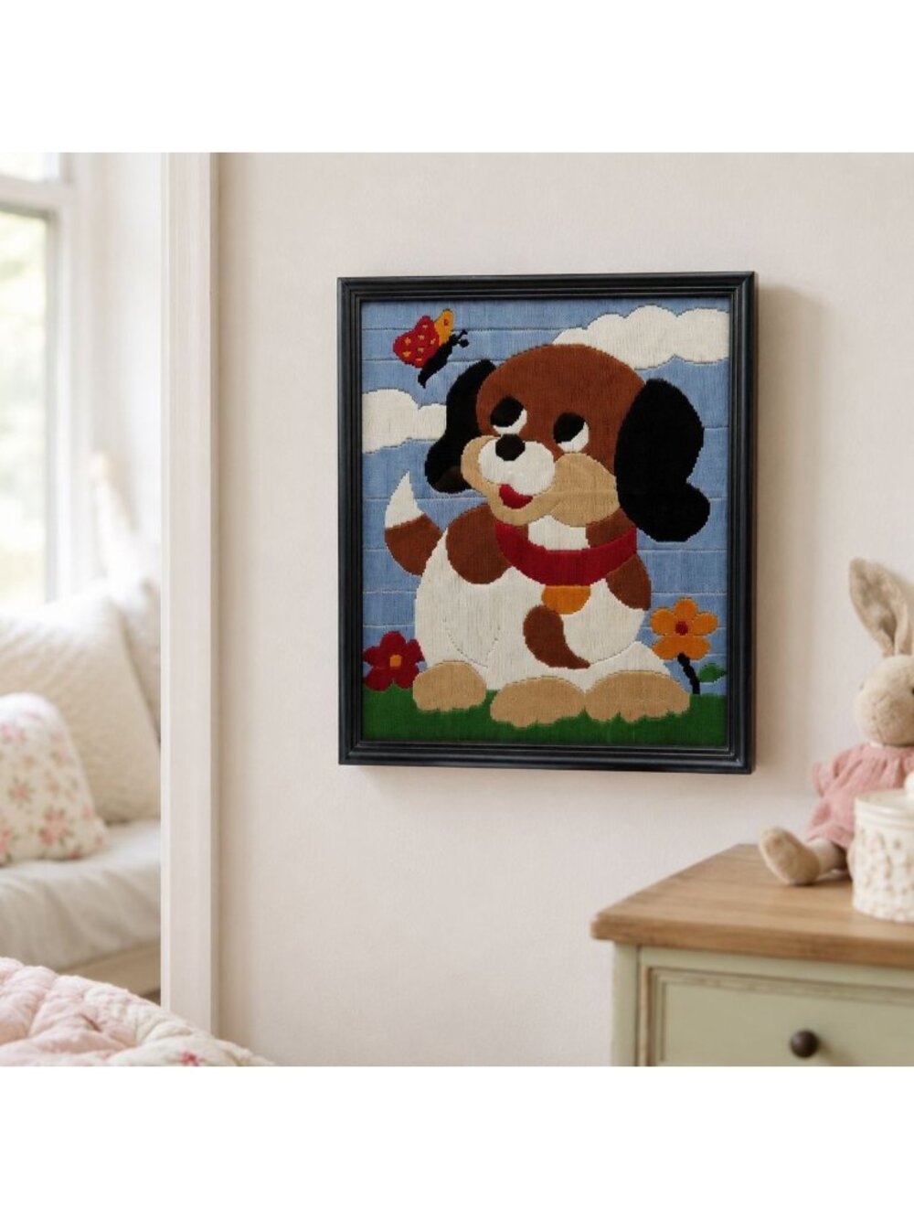 Puppy Dog Needlepoint Framed in Black Wood Frame 10.7 x 9.5" Vintage